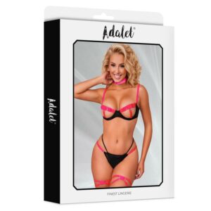 3 pauline set sujetador tanga ligas y choker negro y rosa